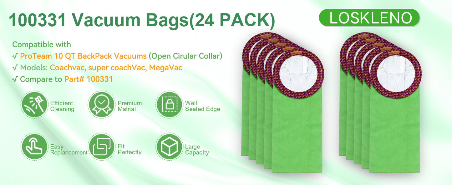 24 Pack 100331 Vacuum Bags Replacement Compatible with ProTeam 10 QT Backpack Vacuum Cleaner, Fit for Models Coachvac, Super Coachvac, Upgraded Vacuum Filters with Open Circular Collar
