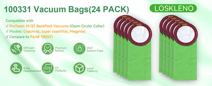24 Pack 100331 Vacuum Bags Replacement Compatible with ProTeam 10 QT Backpack Vacuum Cleaner, Fit for Models Coachvac, Super Coachvac, Upgraded Vacuum Filters with Open Circular Collar