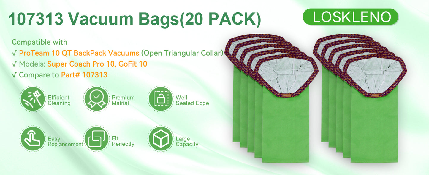 20 Pack 107313 Vacuum Bags Replacement Compatible with ProTeam 10 Quart Backpack Vacuum Cleaner, Fit for Models Coach Pro 10, GoFit 10, #107313 Open Triangular Collar