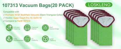 20 Pack 107313 Vacuum Bags Replacement Compatible with ProTeam 10 Quart Backpack Vacuum Cleaner, Fit for Models Coach Pro 10, GoFit 10, #107313 Open Triangular Collar