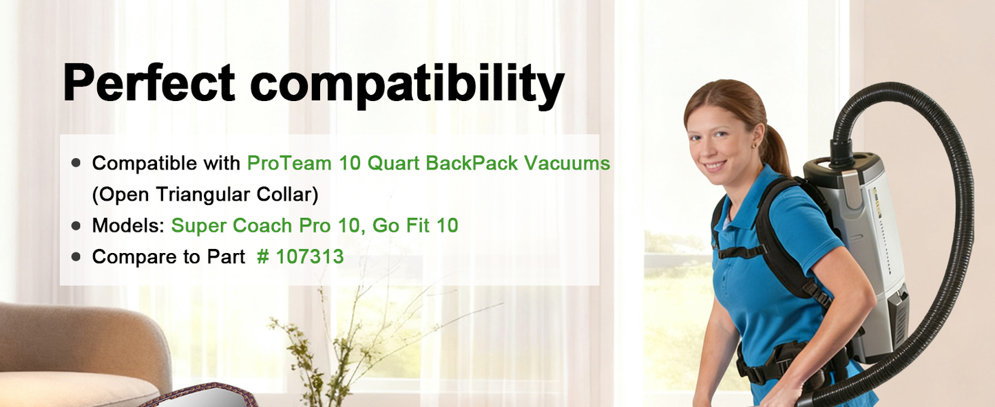 20 Pack 107313 Vacuum Bags Replacement Compatible with ProTeam 10 Quart Backpack Vacuum Cleaner, Fit for Models Coach Pro 10, GoFit 10, #107313 Open Triangular Collar