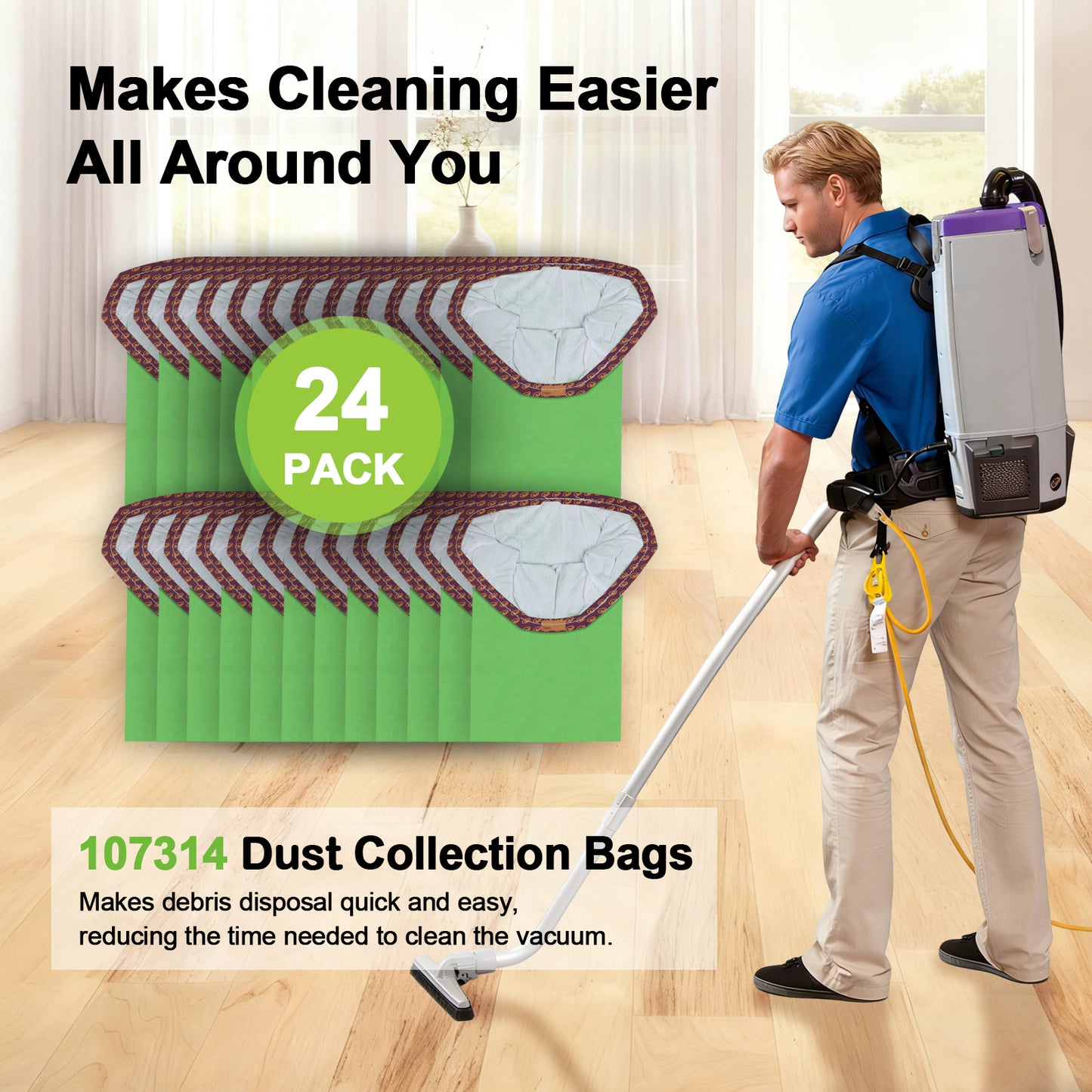 24 Pack 107314 Vacuum Bags Compatible with ProTeam 6 QT Backpack Vacuum Cleaner, Fit for Models Super Coach Pro 6, ProVac FS 6, GoFit 6/6 PLUS, #107314 Open Triangular Collar