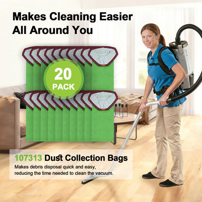 20 Pack 107313 Vacuum Bags Replacement Compatible with ProTeam 10 Quart Backpack Vacuum Cleaner, Fit for Models Coach Pro 10, GoFit 10, #107313 Open Triangular Collar